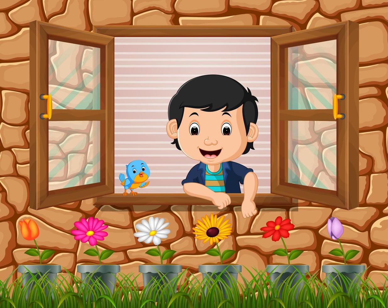 ilustración de un niño en la ventana con pájaros vector