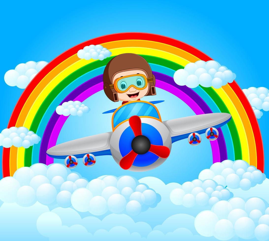 piloto divertido montando un avión con un paisaje de arco iris vector