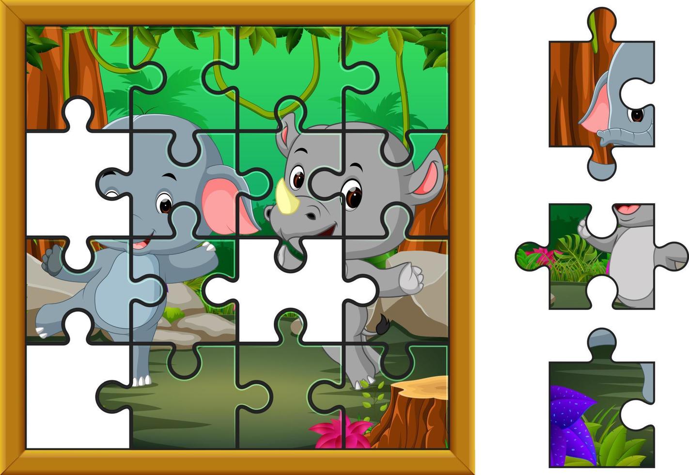 Jigsaw Puzzle Education Game with elephant and rhino in the jungle vector