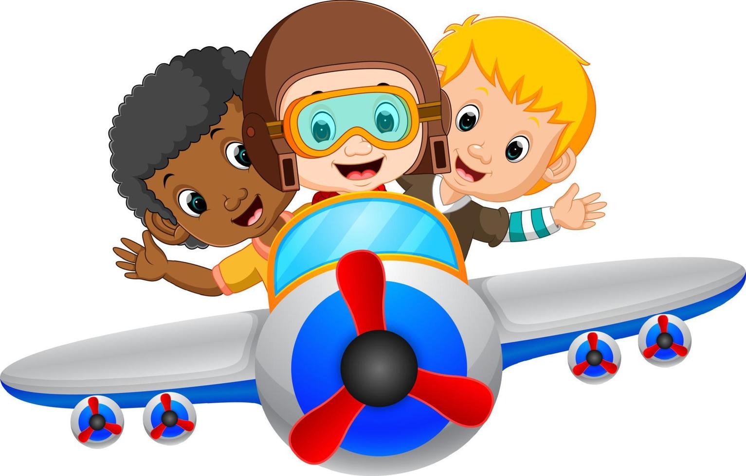 cartoon boy riding flying plane vector