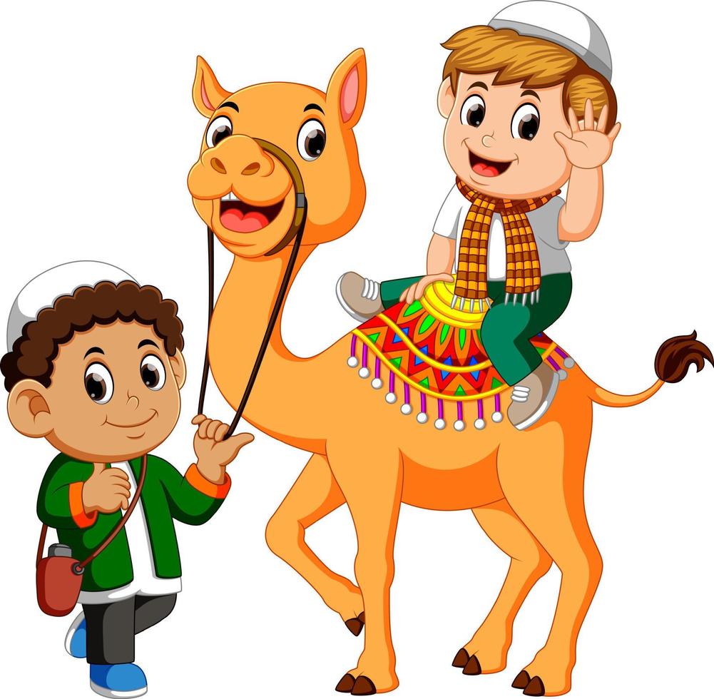 Little kid riding camel vector