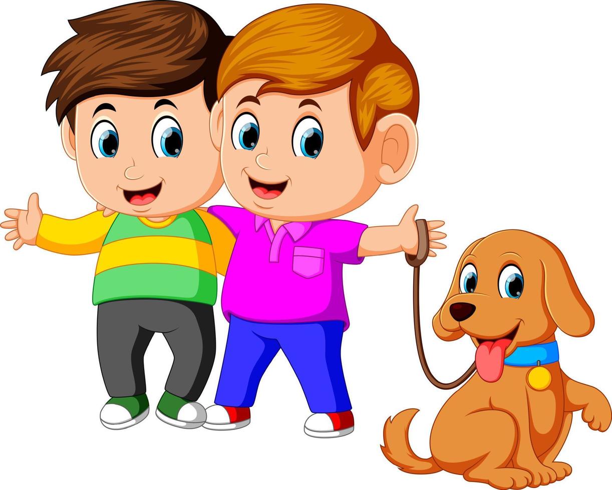 dos niños con perro mascota vector