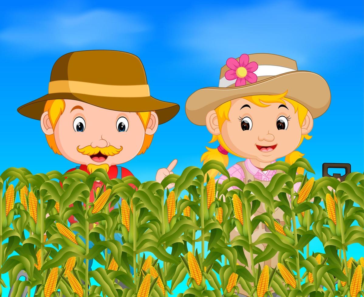 dos granjeros en un campo de maíz vector