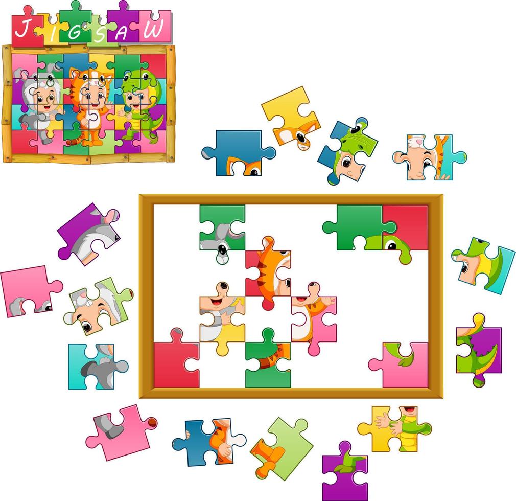 Jigsaw Puzzle Education Game with children wearing animal costume vector