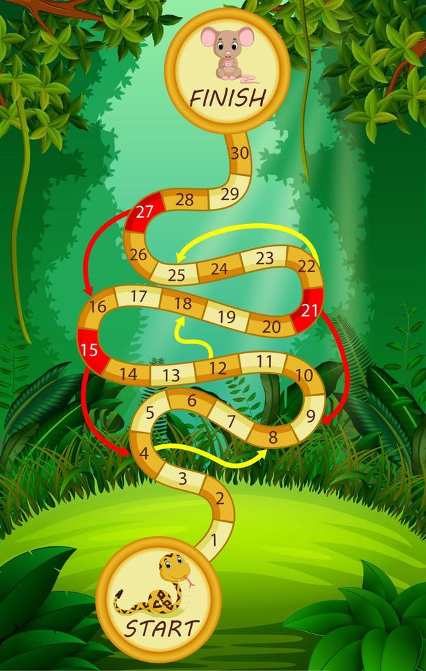 plantilla de juego con serpiente y ratón en el fondo del bosque vector