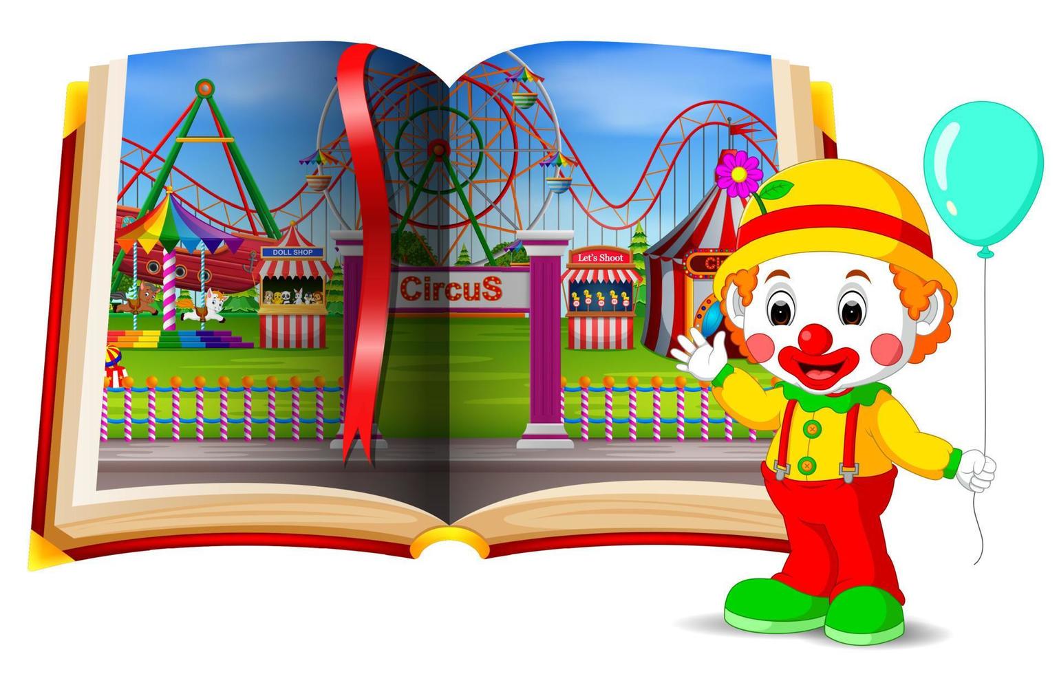 Amusement park scenery in the book and clown vector