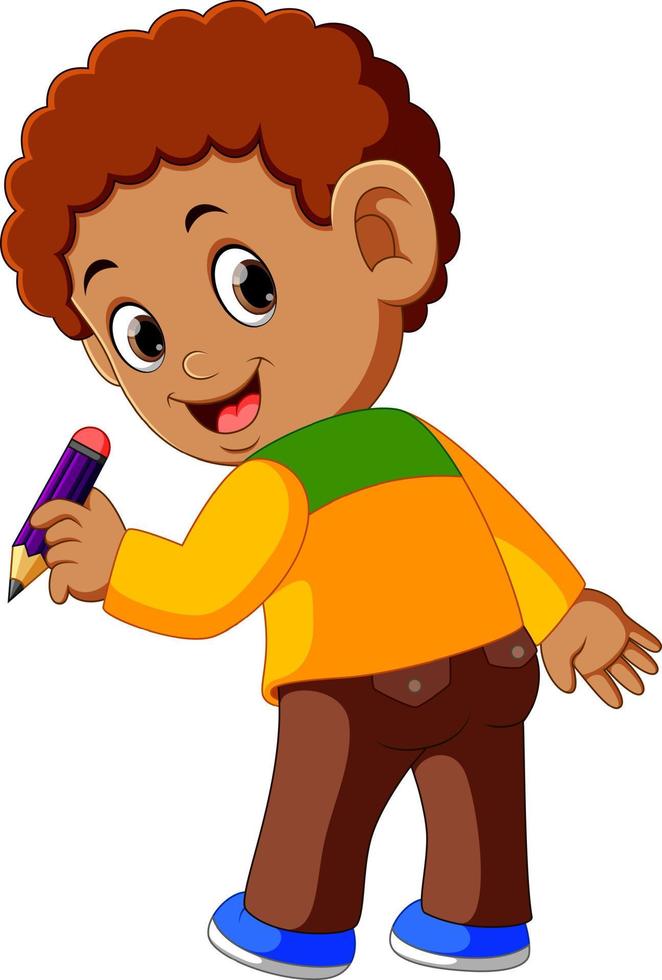 back of boy holding pencil vector