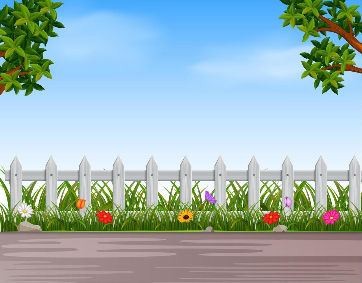 Garden with wooden fence and road vector