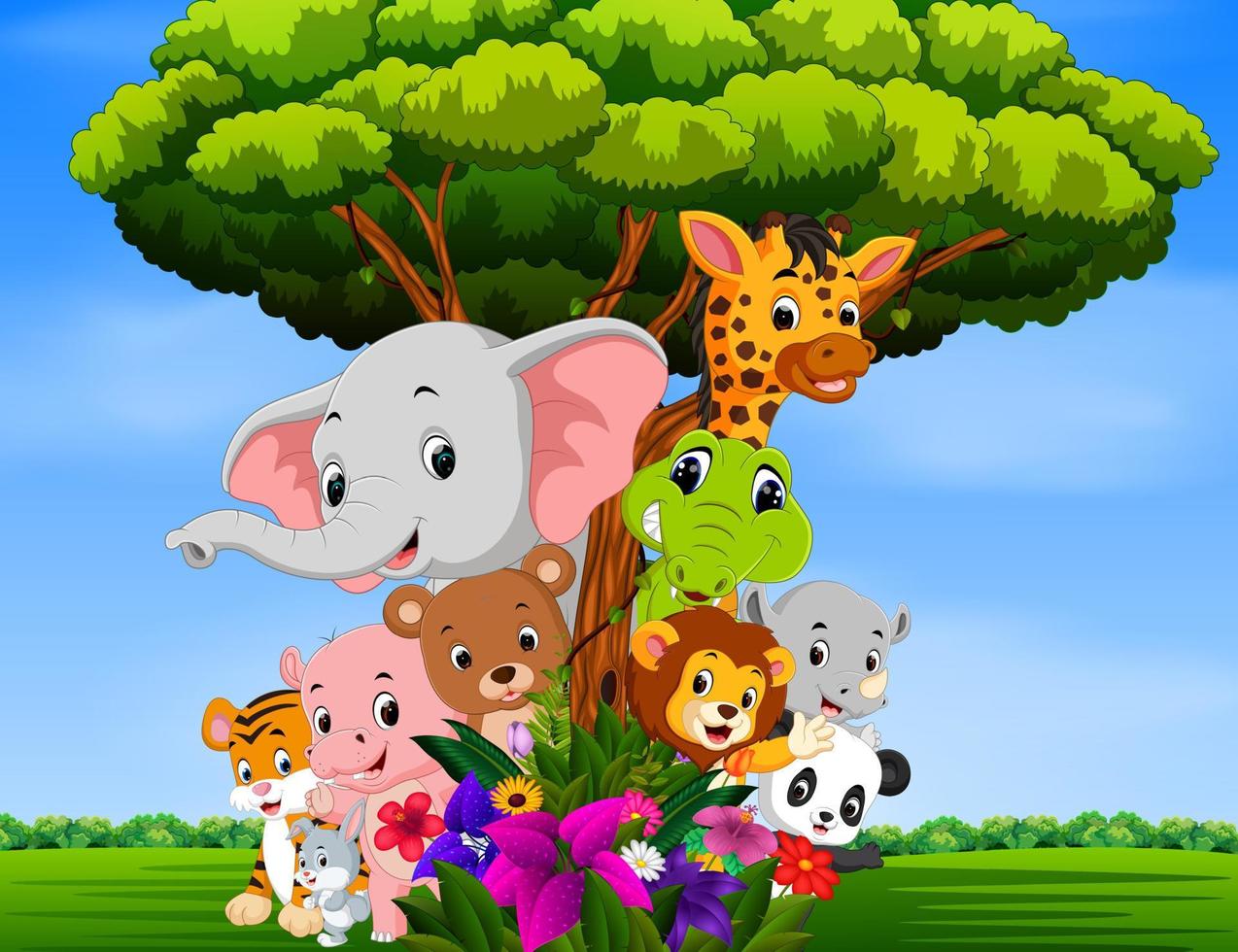 many animal hiding behind a tree vector