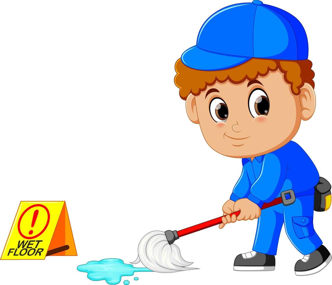 Man Cleaning The Floor With Yellow Wet Floor Sign vector