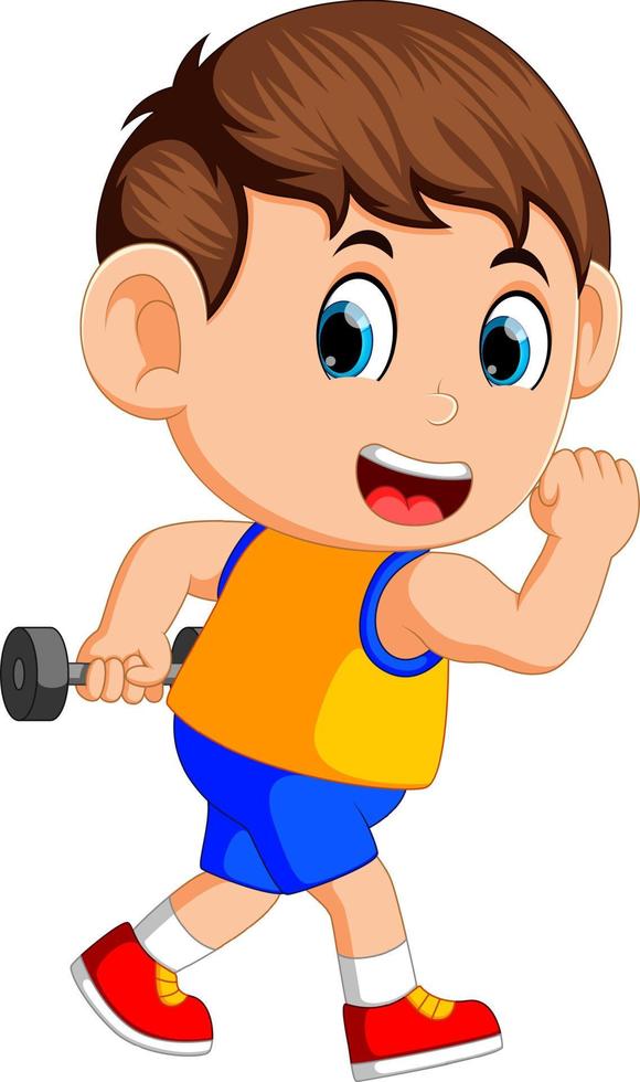 Happy boy doing weightlifting vector