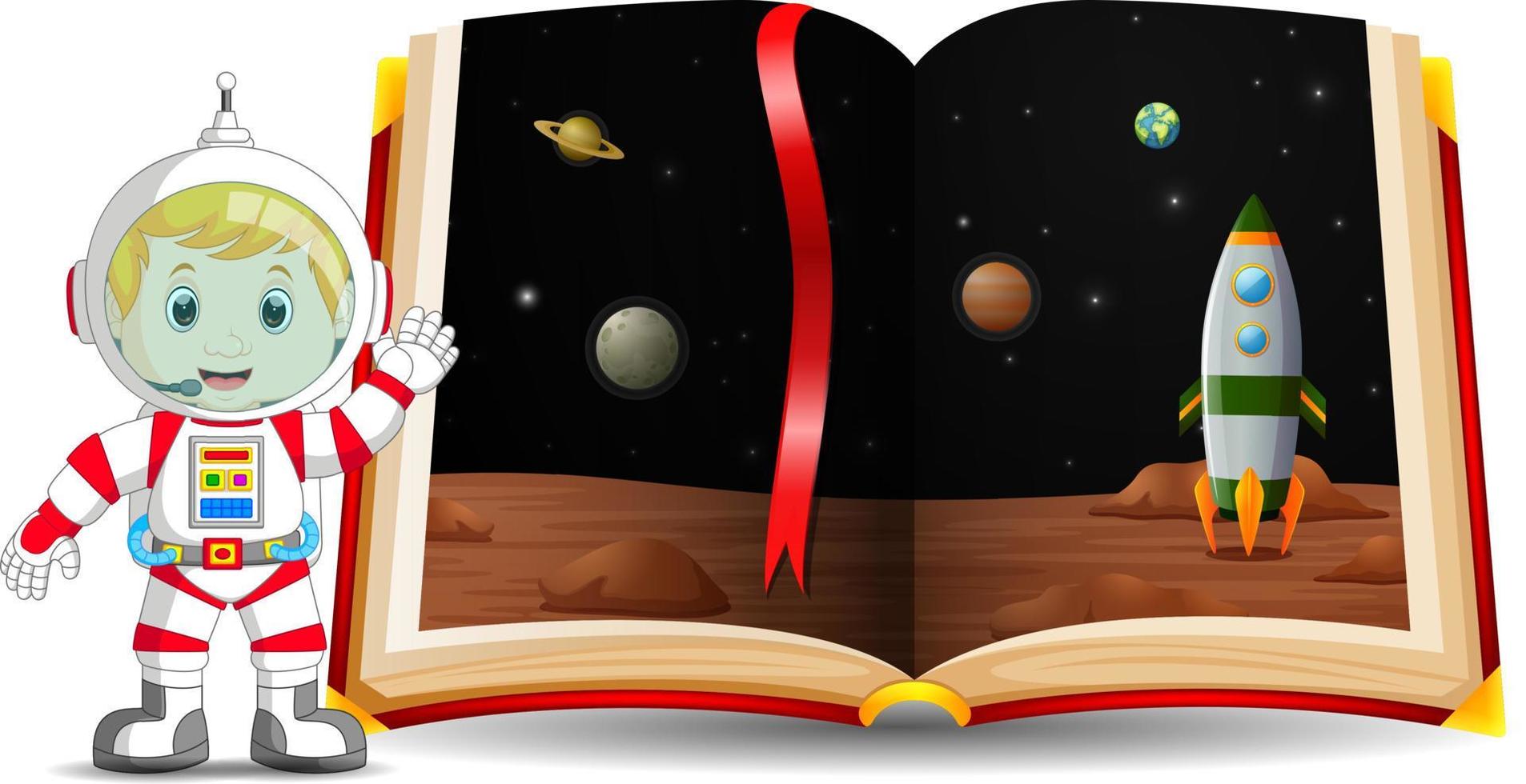 paisaje del planeta en el libro y niño con un disfraz de astronauta vector