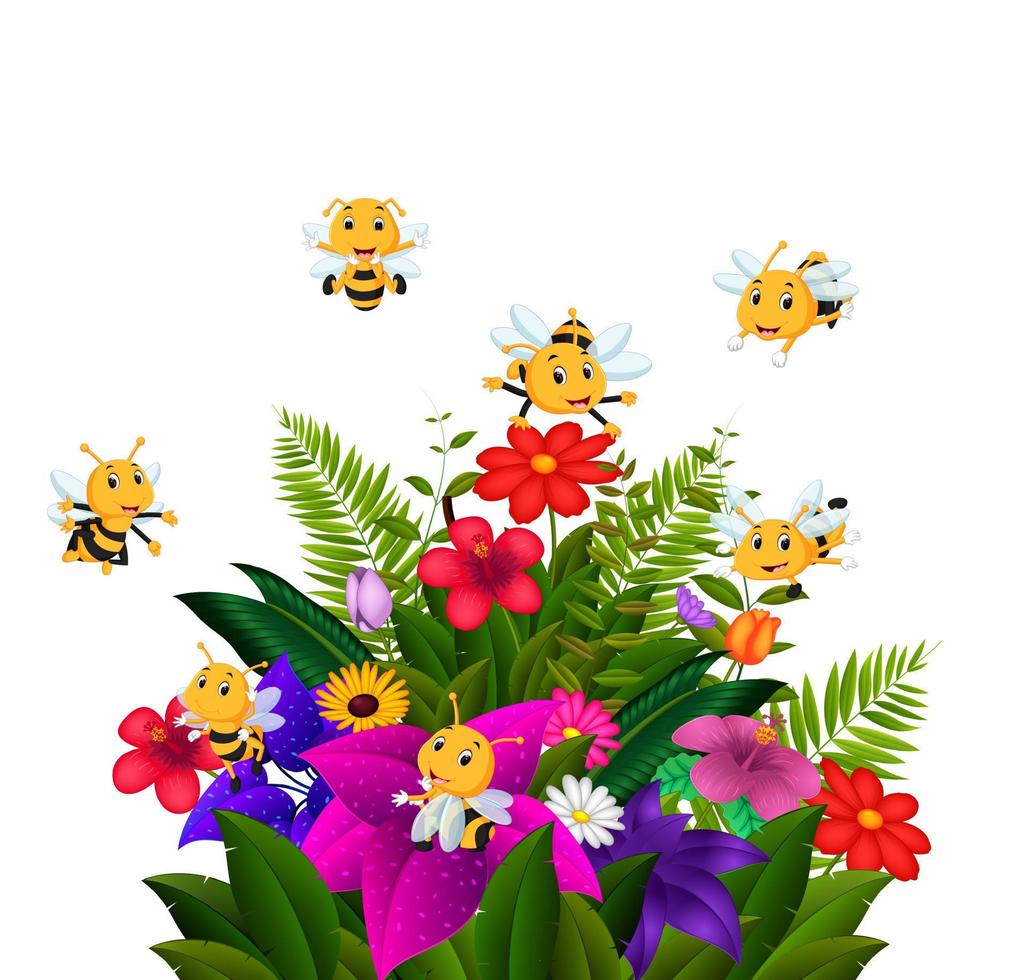 bees flying over some flowers vector