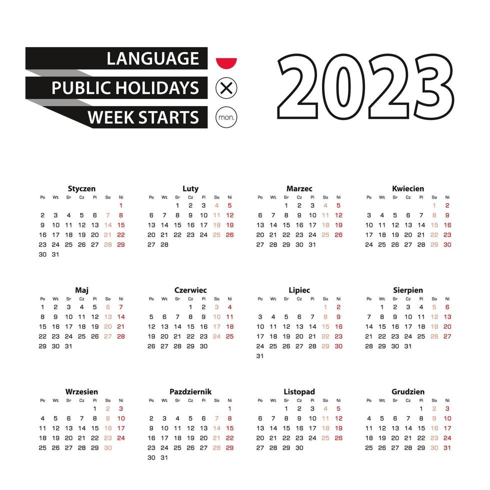 Calendar 2023 in Polish language, week starts on Monday. vector
