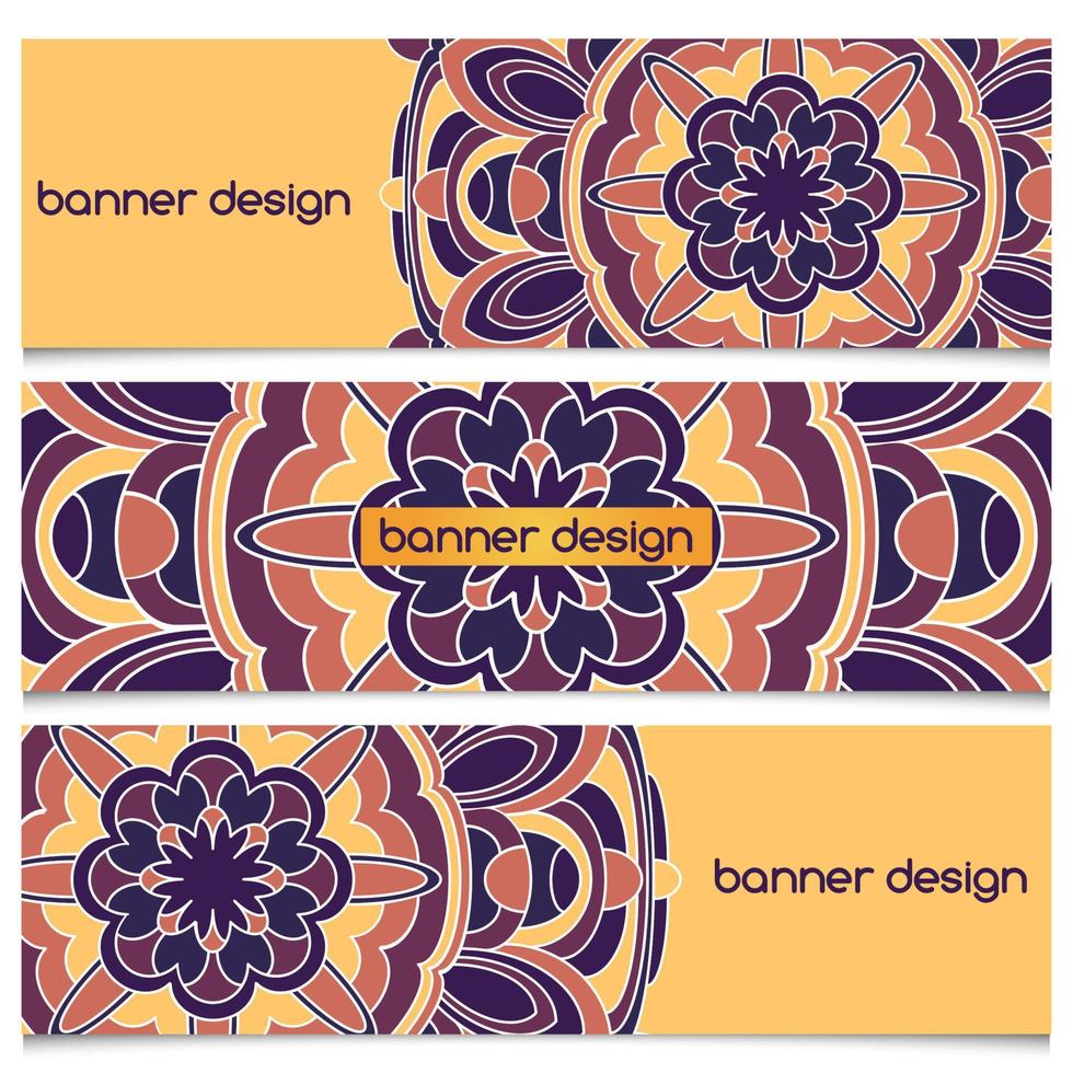 Abstract geometric header vector background with mandala. Set of vector banners with abstract geometric colored shapes. Ethnic pattern cards set.