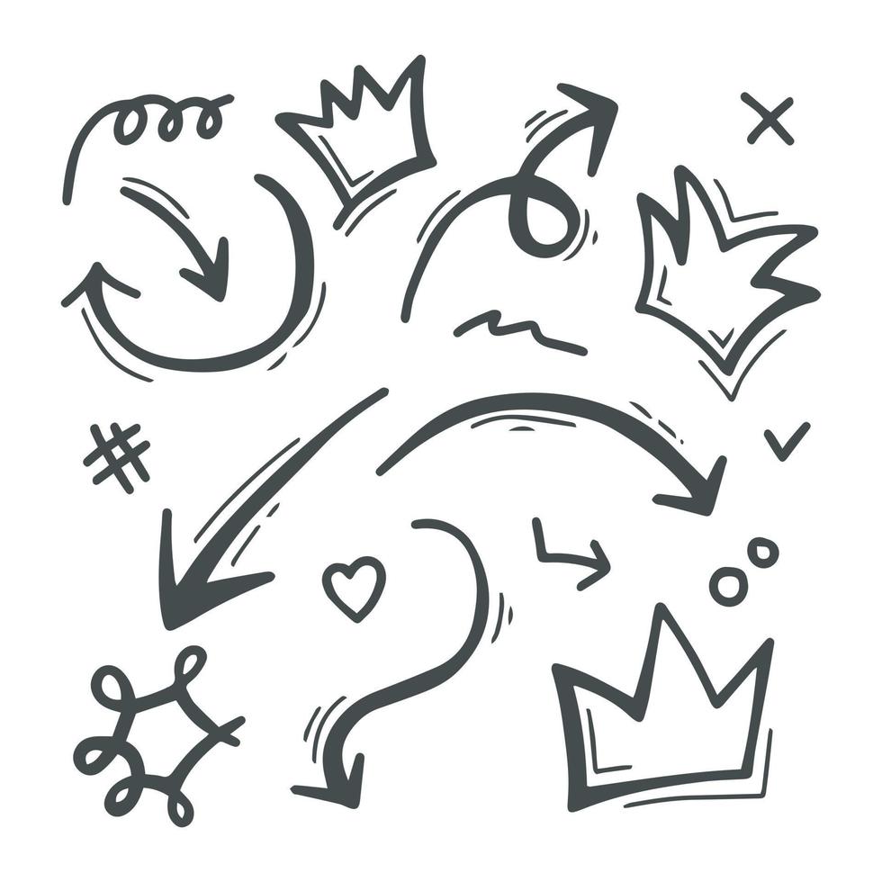 Vector set of Doodle elements, for concept design. crown, arrow, love, x,