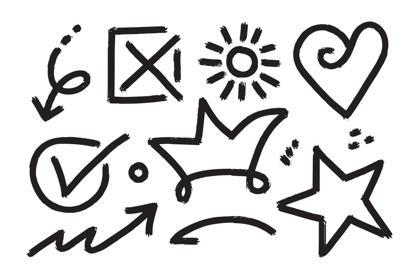 Vector set of Doodle elements, for concept design. crown, arrow, love, x, star, sun.