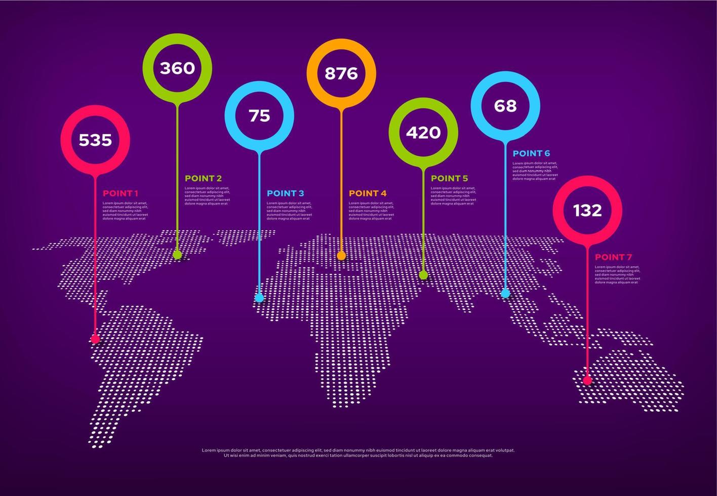 infografía del mapa mundial con punteros de color o alfileres vector