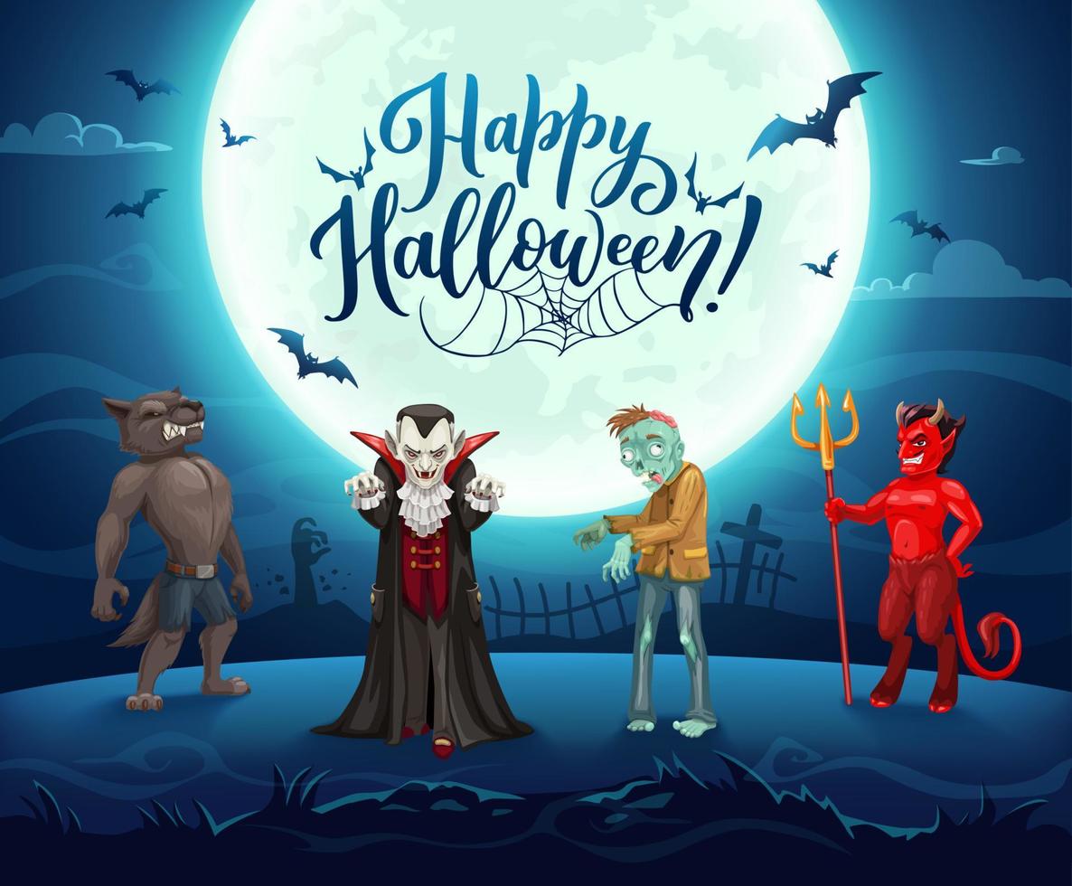 Halloween monsters characters on night cemetery vector