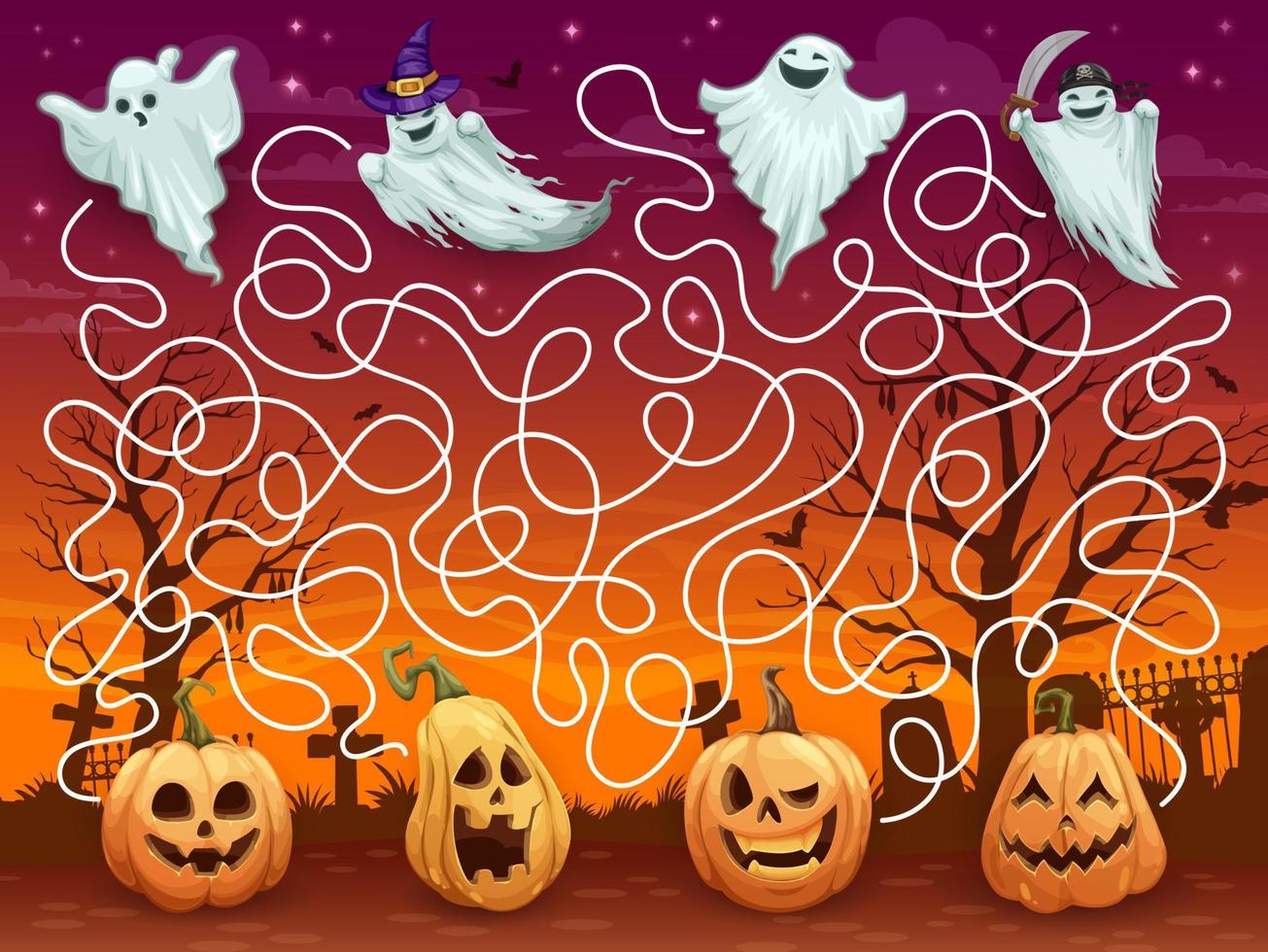 laberinto laberinto de halloween con fantasmas y calabaza vector