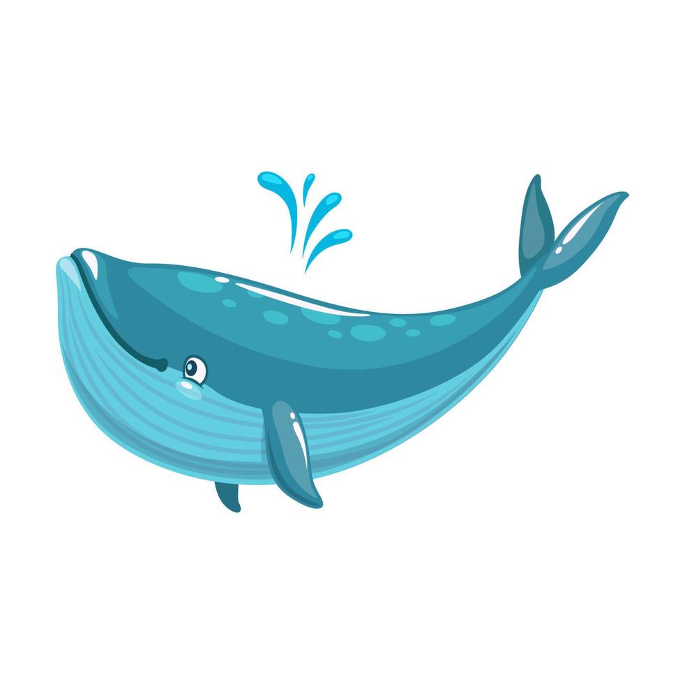 Cartoon funny blue whale character, water splash vector