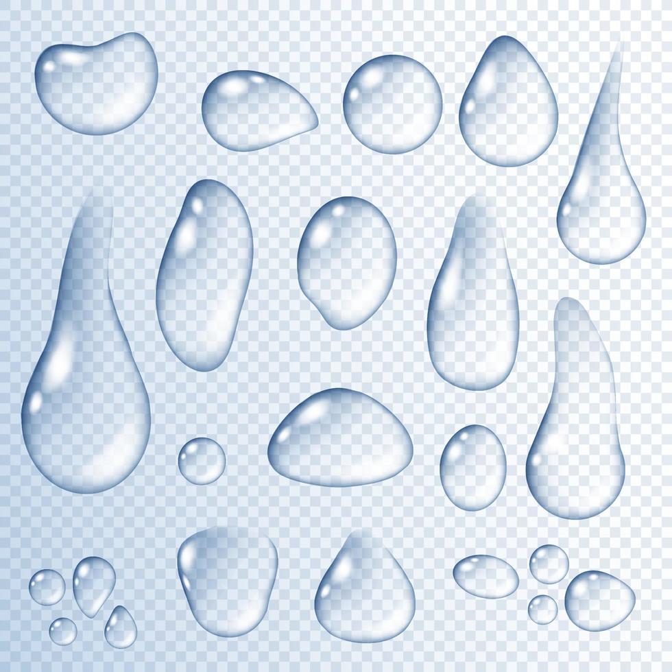 gotas y gotas de agua realistas, líquido azul vector