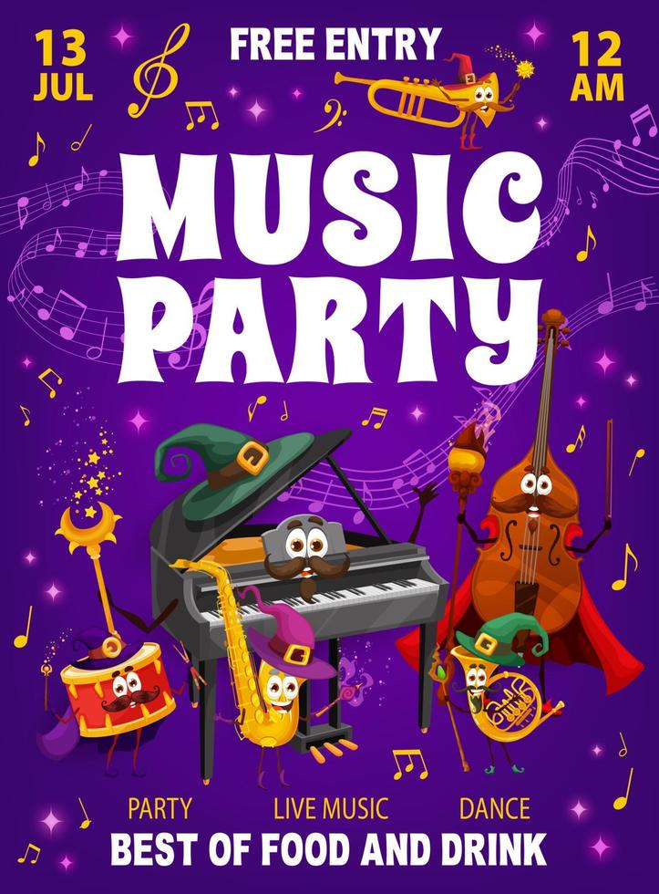 Music party flyer, mage wizard musical instruments vector