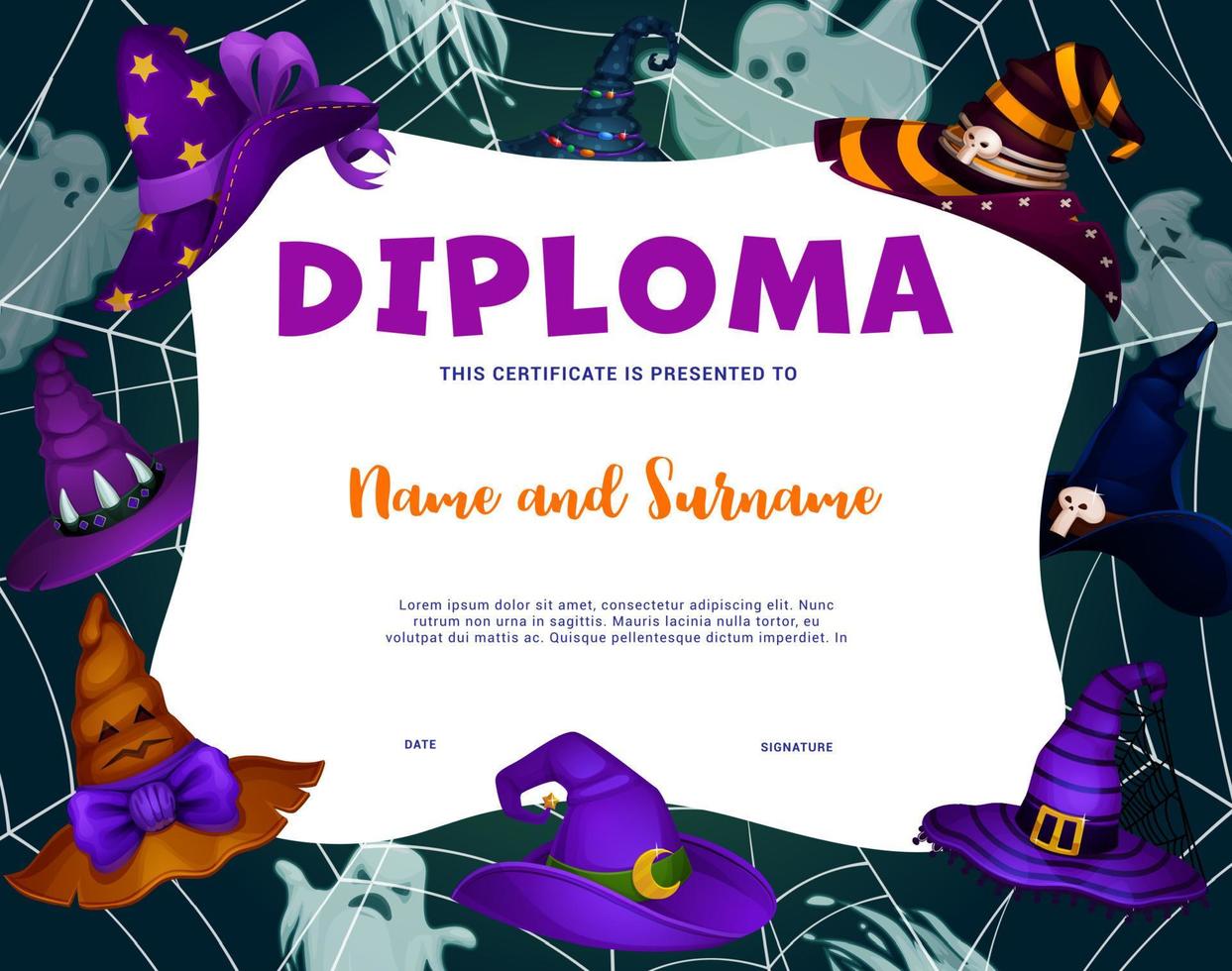 Kids diploma with Halloween ghosts, witch hats vector