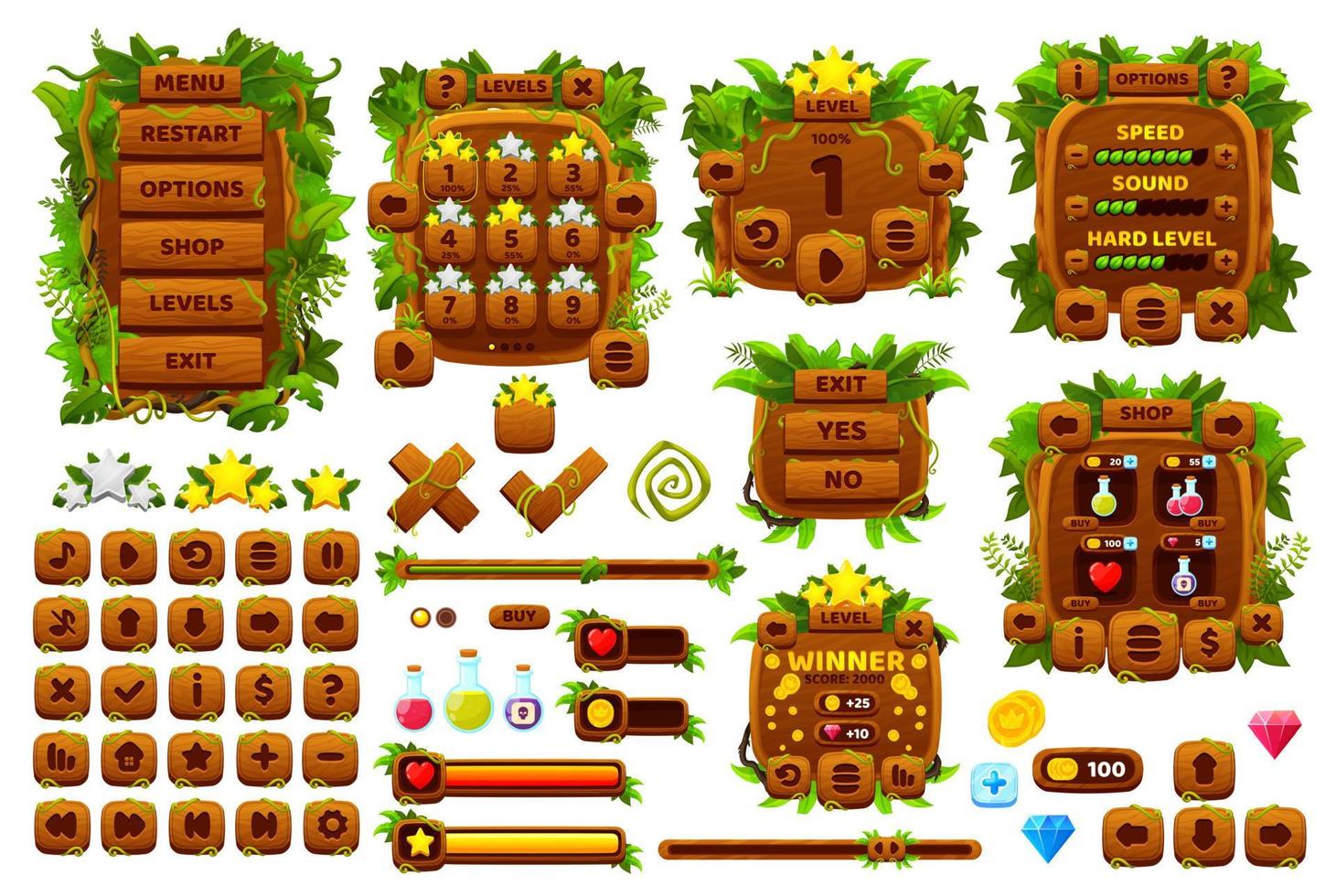 interfaz de juego de lianas del bosque de la selva, botones de interfaz de usuario vector