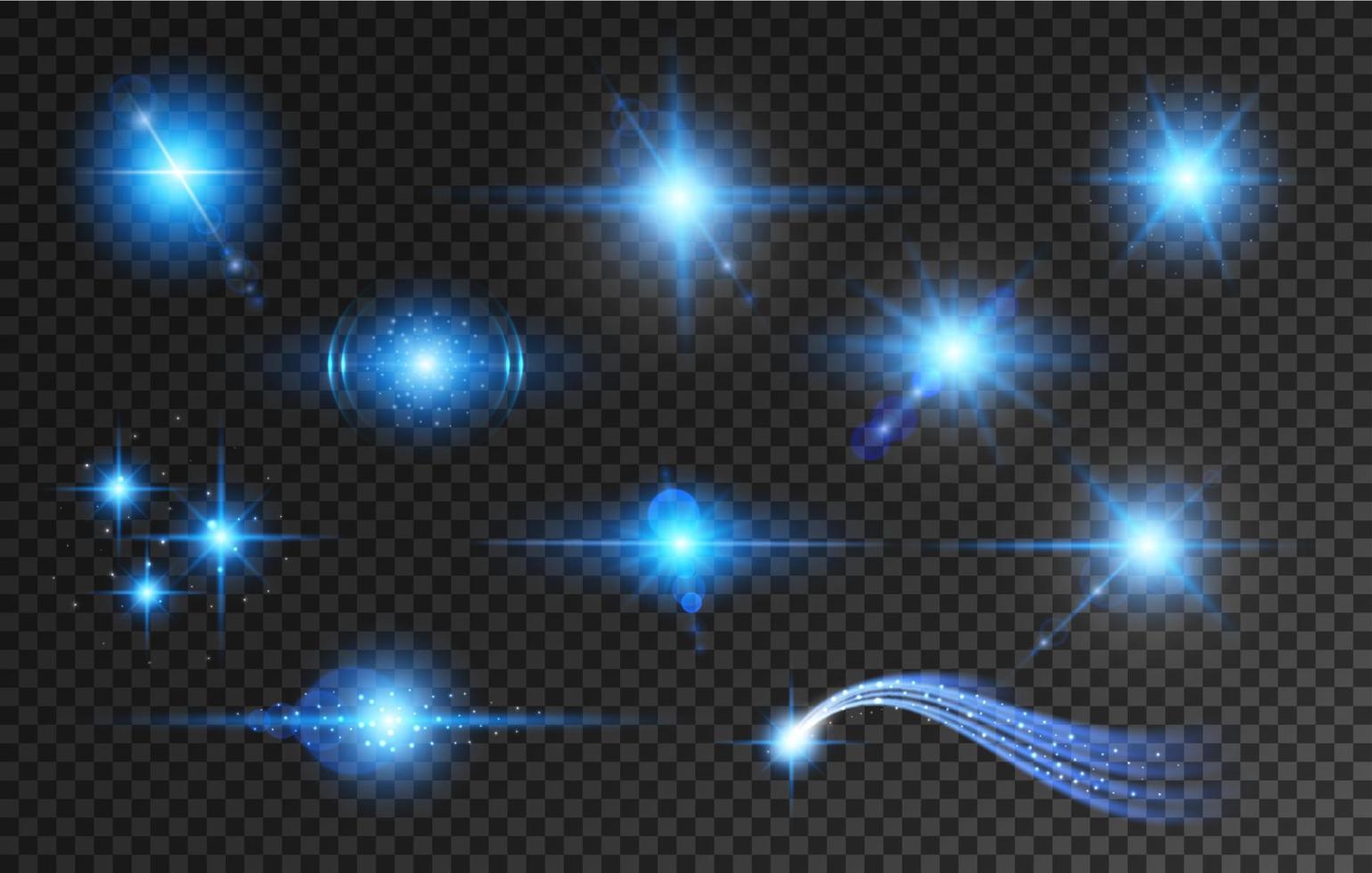 conjunto de efectos de destello de lente azul, luz de estrella y brillo vector