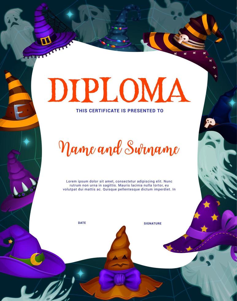 diploma de niños de halloween con fantasmas y sombreros de bruja vector