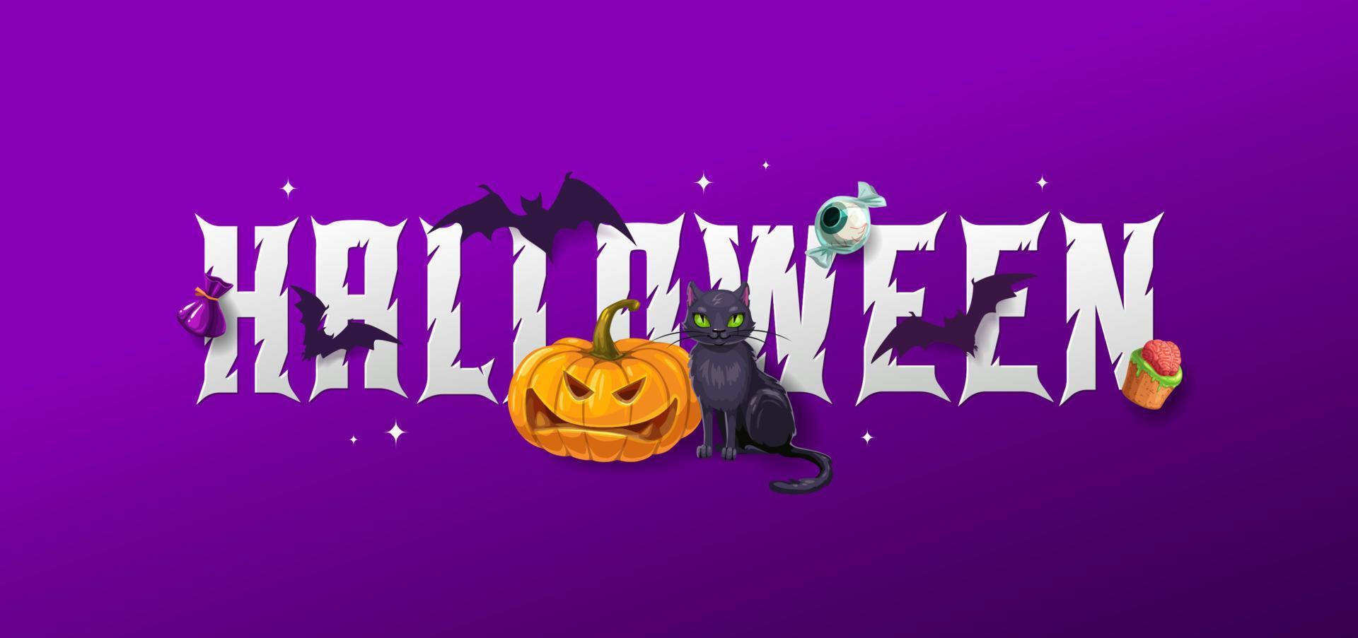 banner de halloween con gato negro, murciélago y calabaza vector