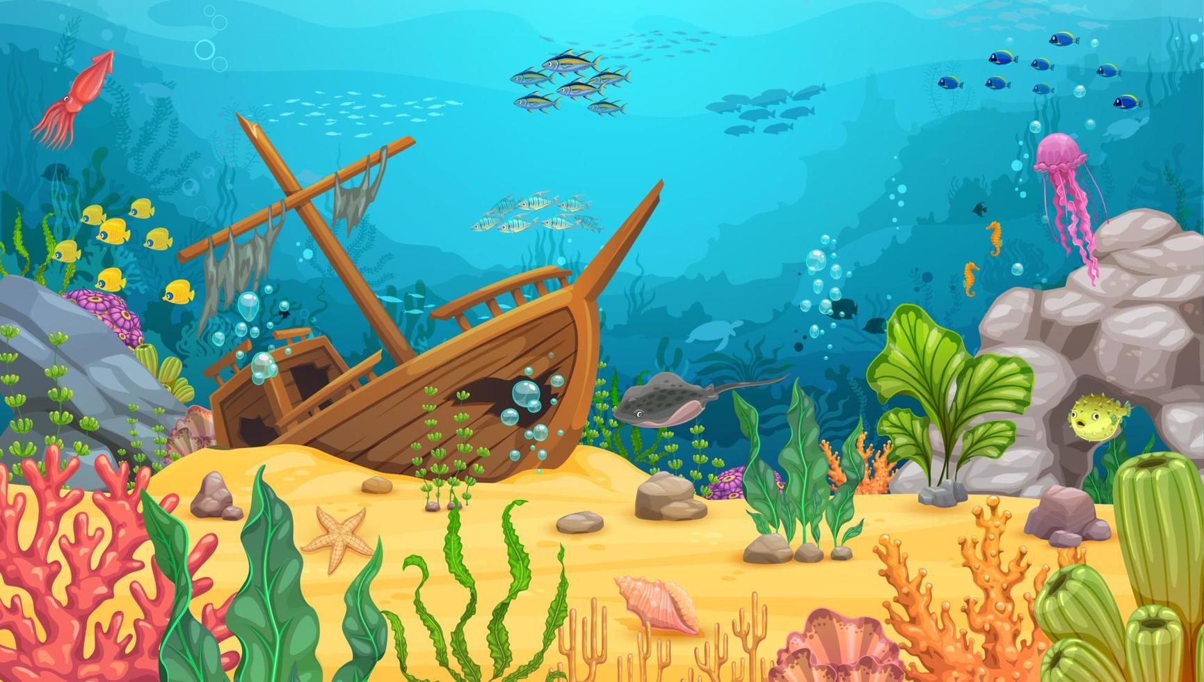 Cartoon underwater landscape with sunken sail ship vector