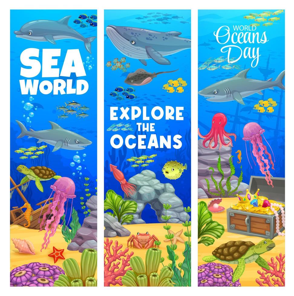 banners de paisajes submarinos de dibujos animados, fondo marino vector