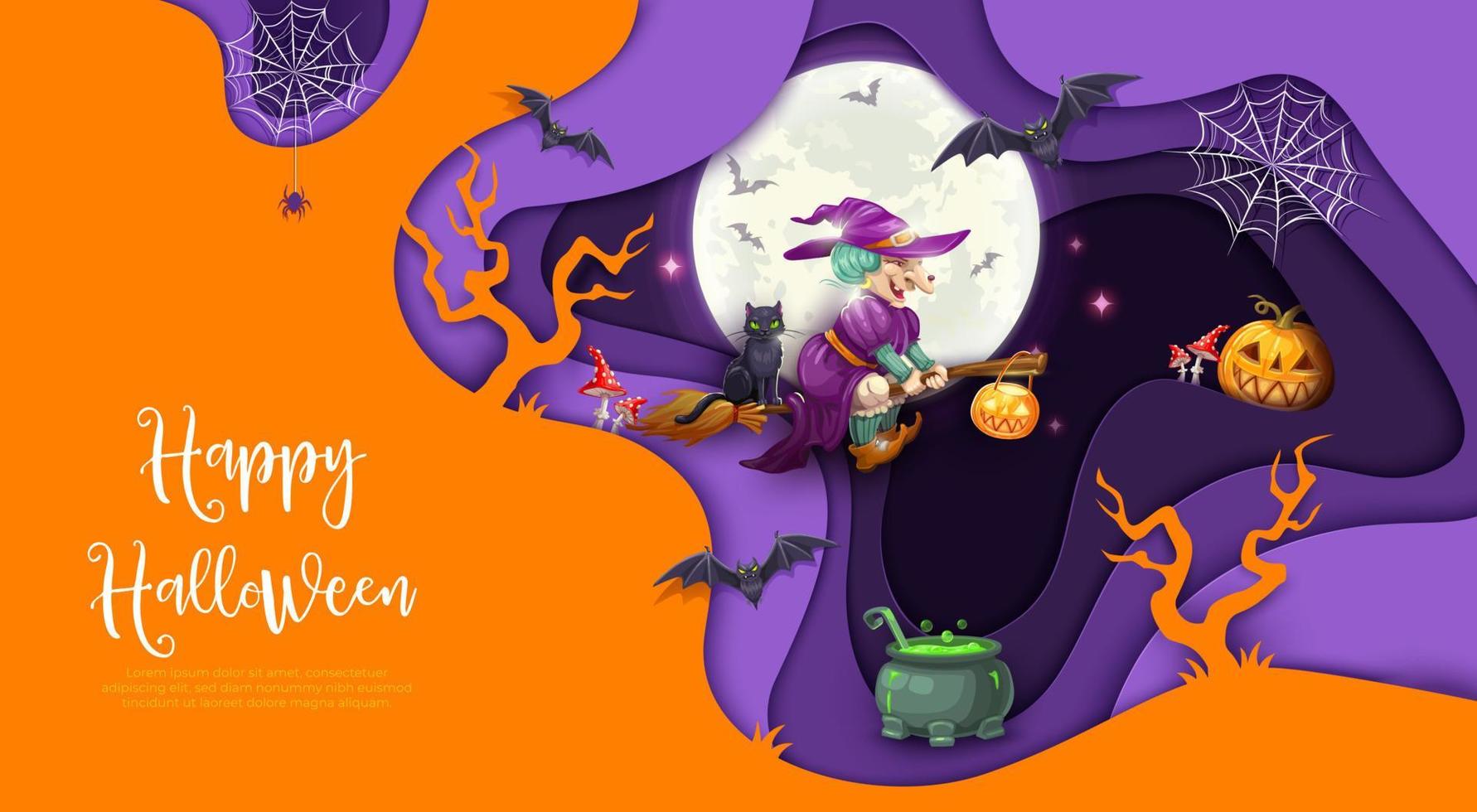 Halloween paper cut witch on boom character vector