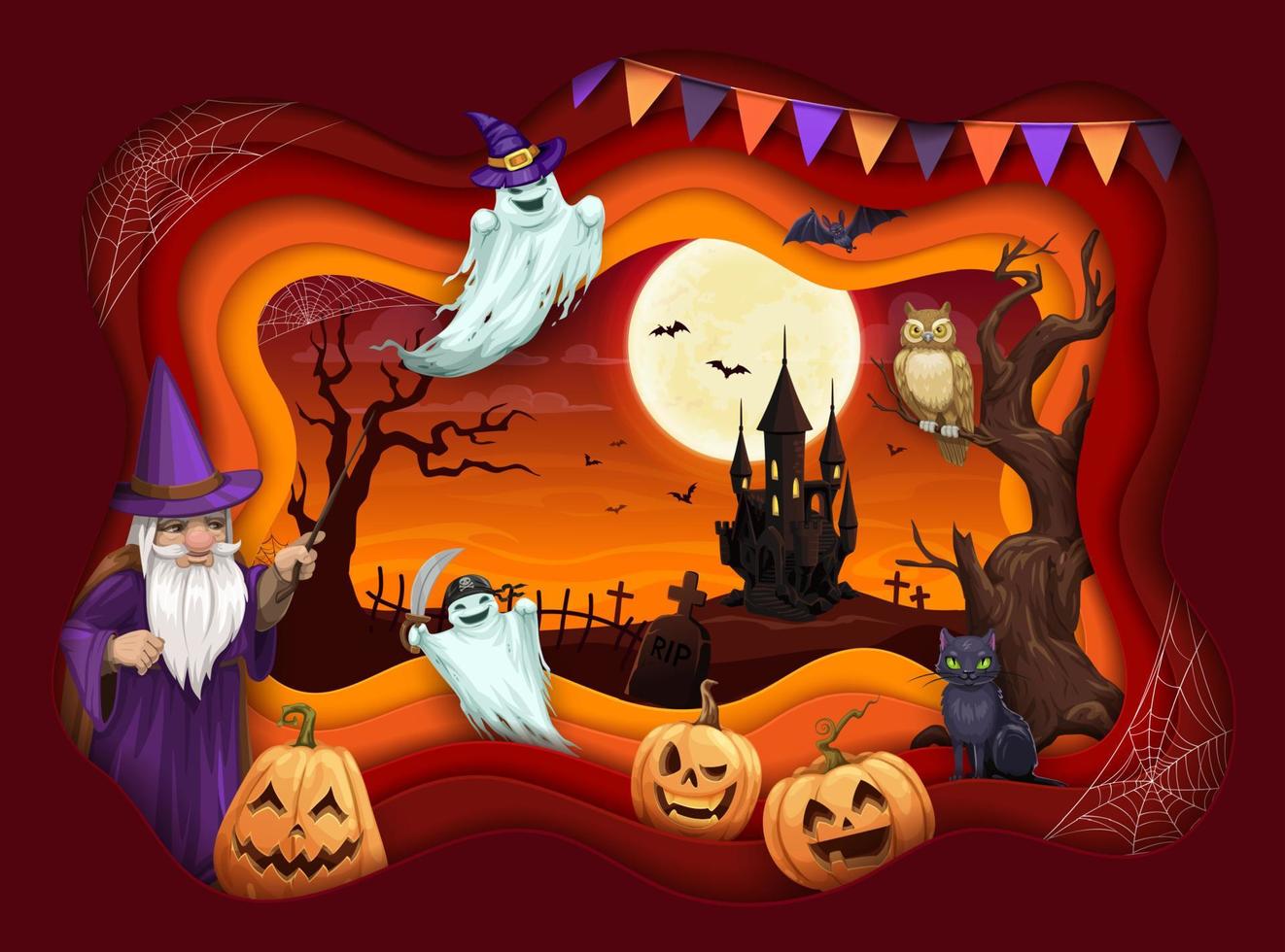 Halloween paper cut with pumpkin, sorcerer, ghost vector