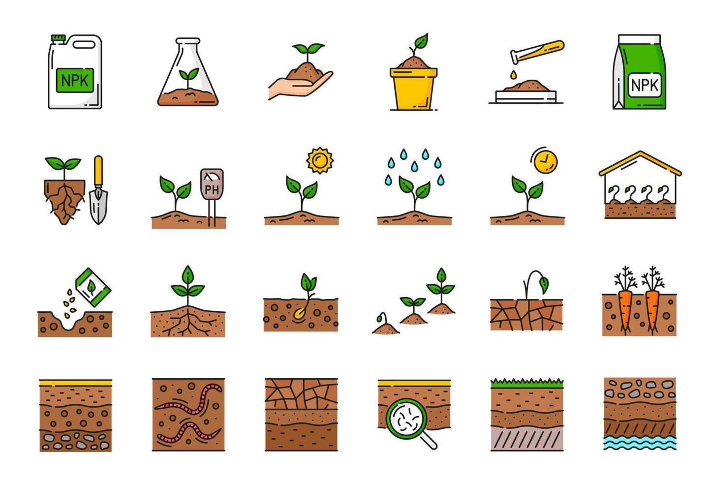 Color ground soil, agriculture agronomy line icons vector