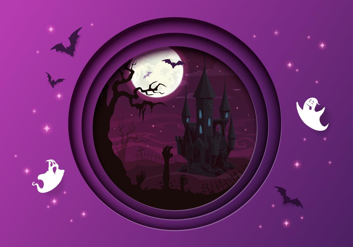 Halloween paper cut with castle and flying ghosts vector