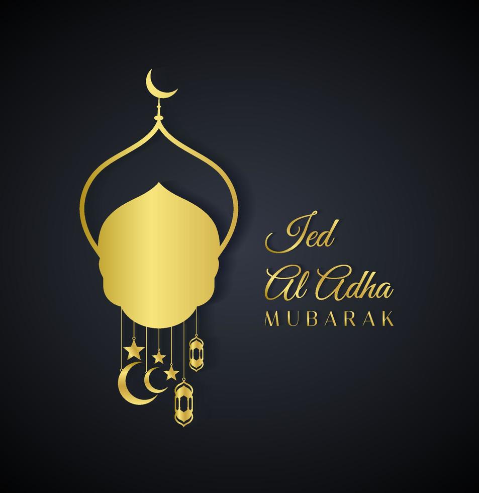 Elegant and luxury golden graphic Eid Al Adha Mubarak with Islamic decoration on black background. Modern Vector mosque illustration design