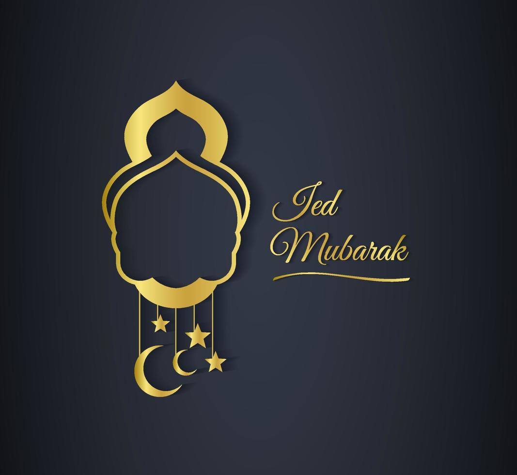 Elegant and luxury golden graphic Eid Mubarak with Islamic decoration on black background. Modern and beautiful vector mosque illustration design