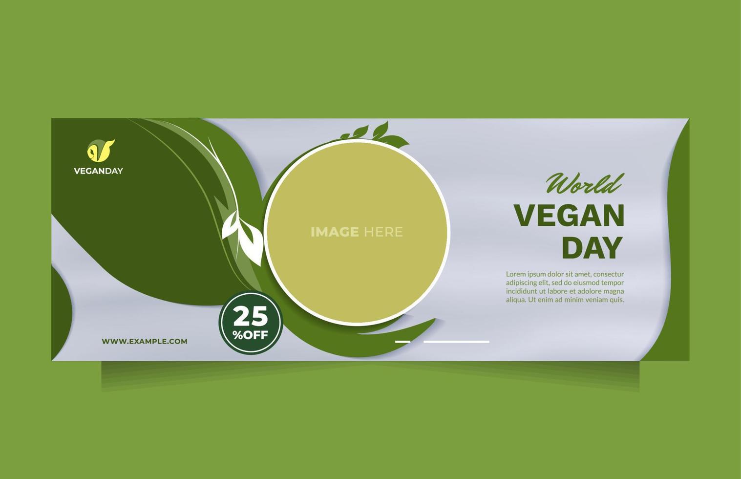 saludo, invitación y publicidad del día vegano mundial plantilla de banner de redes sociales horizontal. hermoso diseño de ilustraciones vectoriales verdes para alimentos saludables, alimentos vegetarianos y productos naturales vector