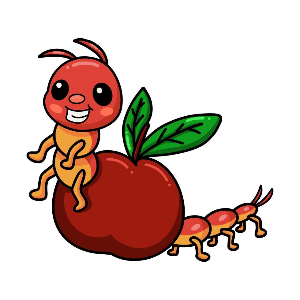Cute little centipede cartoon with red apple vector