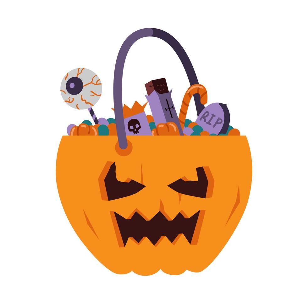 Evil Halloween pumpkin with candies and sweets vector illustration isolated on white.