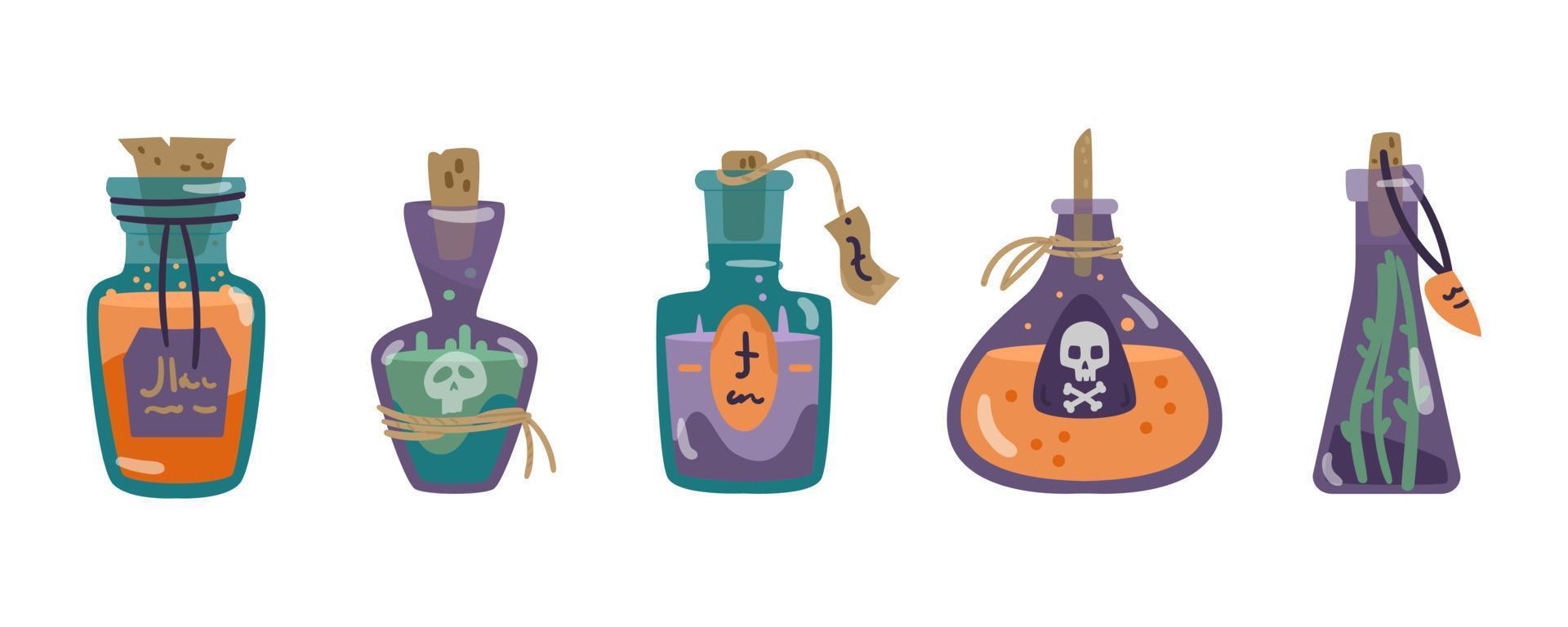 Magic potions in different glass bottles vector set.