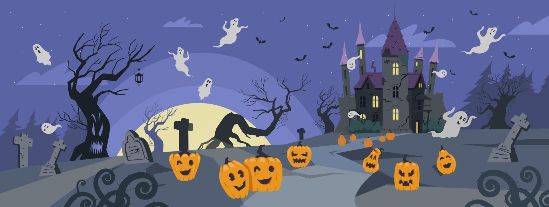 Halloween  background vector illustration. Scary landscape with old castle, cemetery, spooky trees, ghosts and pumpkins.