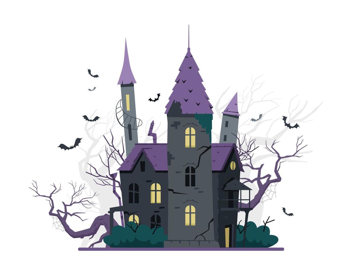 Creepy old castle with bats flying around Halloween vector illustration.