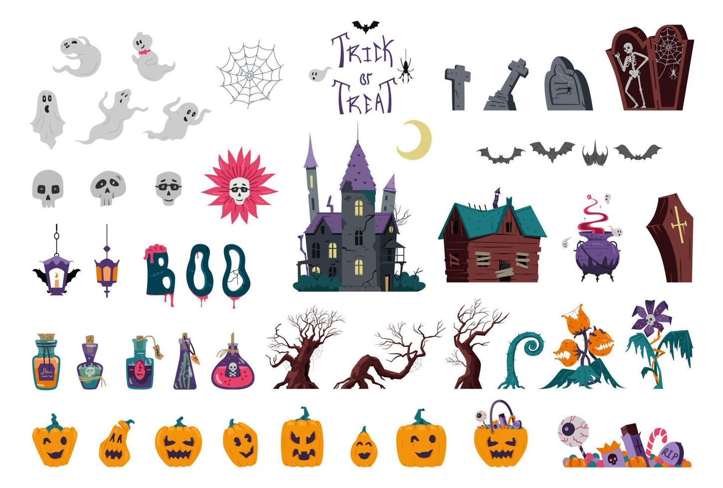 conjunto de vectores grandes de ilustraciones coloridas de halloween. castillo, árboles espeluznantes, plantas, murciélagos, pociones, fantasmas, calabazas, arañas, letras, etc.