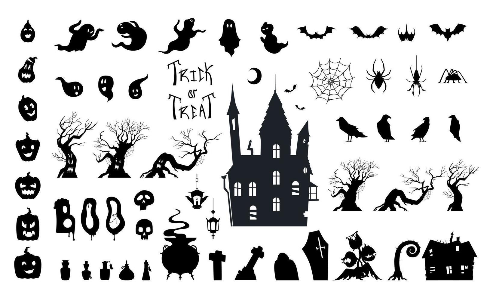 Halloween black silhouette illustrations big vector set. Castle, spooky trees, plants, bats, potions, ghosts, pumpkins, spiders, lettering etc.