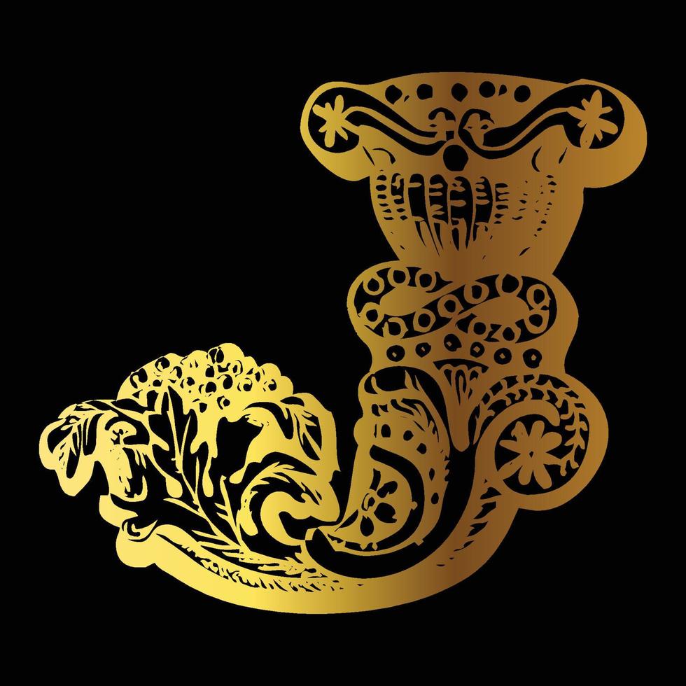 Golden color tattoo design J on black background vector