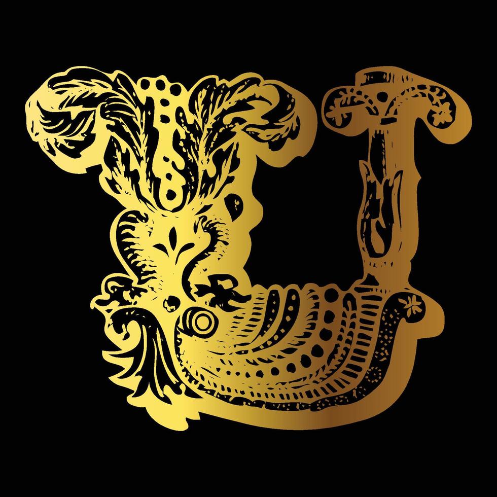 Golden color tattoo design U on black background vector